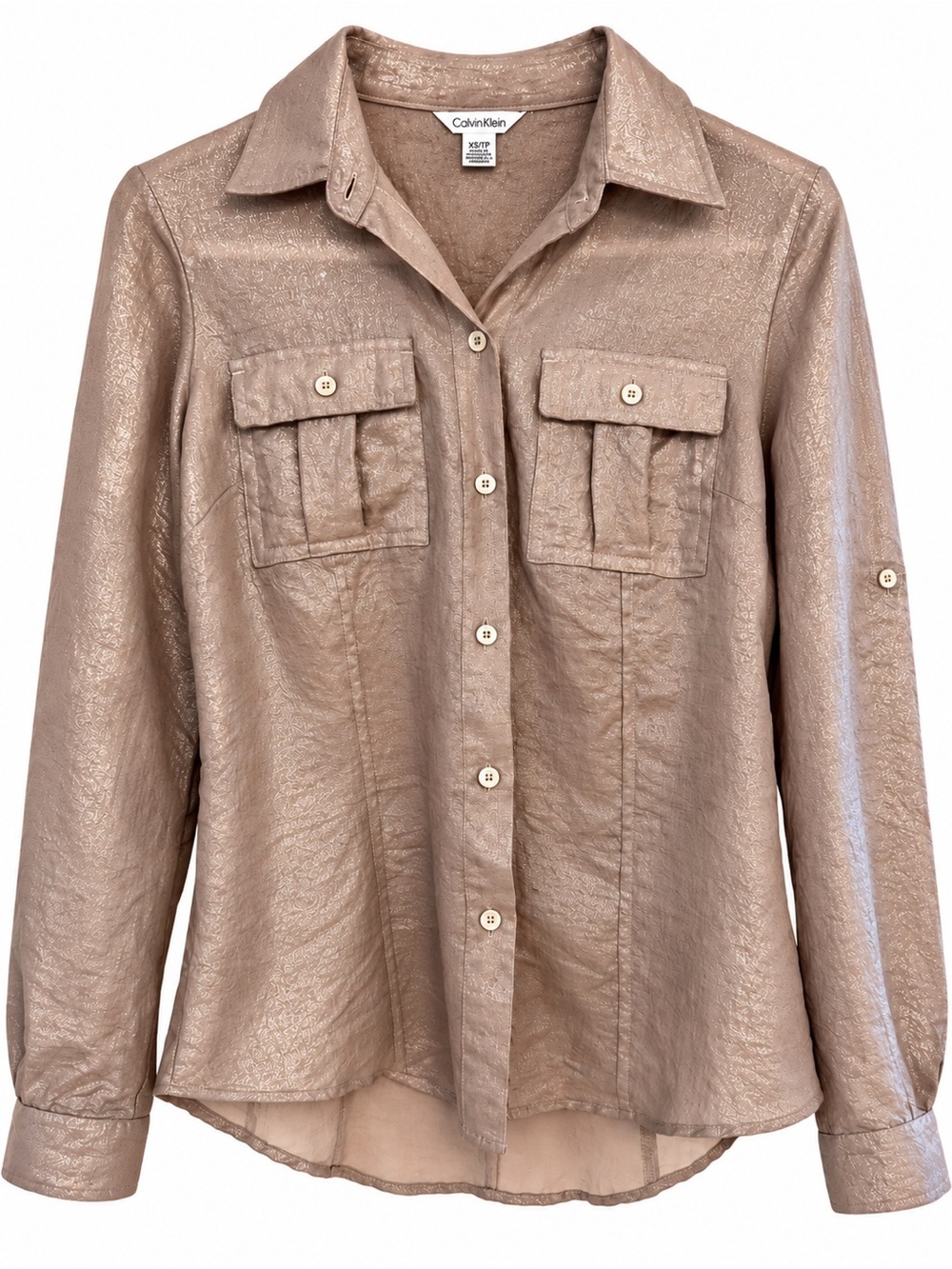 Calvin Klein Metallic Shimmer Button Down Utility Shirt Blouse XS